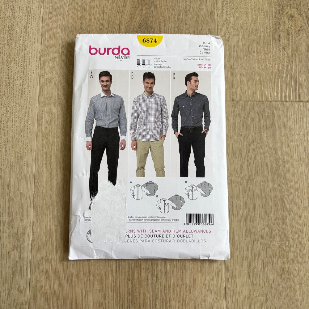 Burda Style NEW Men's Button Up Shirt Pattern Number 6874 Sizes 34-50